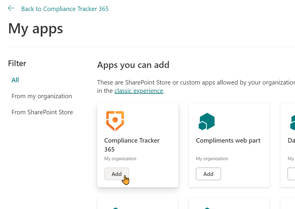 Apps you can add - Compliance Tracker 365